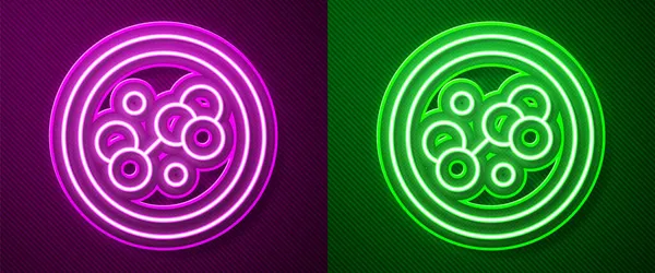 Linea Neon Luminosa Icona Molecolare Isolata Sfondo Viola Verde Struttura — Vettoriale Stock