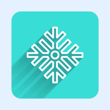 Beyaz çizgi Kar Tanesi simgesi uzun gölge arkaplanı ile izole edildi. Mutlu Noeller ve mutlu yıllar. Yeşil kare düğmesi. Vektör