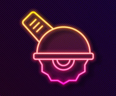 Siyah arka planda izole edilmiş çelik dişli disk simgesi ile parlayan neon çizgisi elektrikli testere. Tahta ya da metal kesmek için elektrikli el aleti. Vektör