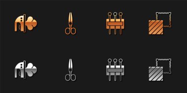 Elektrik demiri, makas, dikiş iğnesi ve tekstil kumaş rulo ikonu. Vektör