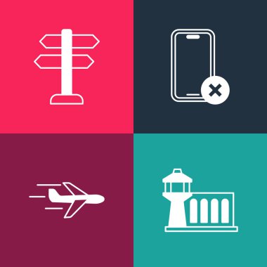 Pop Sanat Havalimanı kontrol kulesi, uçak, cep telefonu ve trafik ışığı ikonu yok. Vektör