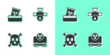 Radyoaktif kargo treni, atık varil, kemik ve kafatası uyarısı ve sanayi boru vanası simgesini ayarla. Vektör