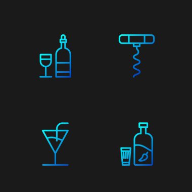 Biber ve camlı votka, kokteyl, şarap şişesi ve tirbuşon. Renk simgeleri. Vektör