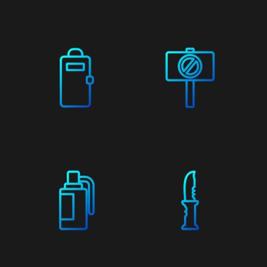 Askeri bıçak, el bombası, polis hücum kalkanı ve protestoyu ayarlayın. Renk simgeleri. Vektör