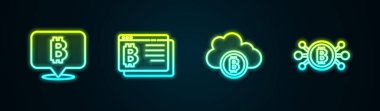 Hattı Bitcoin, tarayıcı, Kripto para birimi bulut madenciliği ve devresi olarak ayarla. Parlayan neon ikonu. Vektör