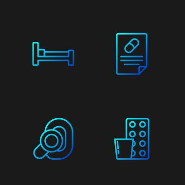 Hat haplarını su toplamaya, işitme cihazına, yatak ve tıbbi reçeteye koy. Renk simgeleri. Vektör