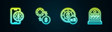 Çevrimiçi poker masası oyunu, kumarhane çipleri para değişimi, ve büyük ikramiyeli kumar makinesi. Parlayan neon ikonu. Vektör