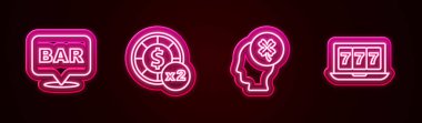 Alkol barının yerini, kumarhane fişlerini yoncalı kumar makinesini ve online piyangoyu ayarla. Parlayan neon ikonu. Vektör