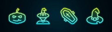 Hattı ayarla, Balkabağı, Cadı, Haçlı ve şapkalı Tabut. Parlayan neon ikonu. Vektör