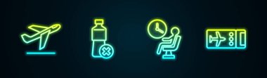 Uçak kalkış çizgisini ayarlayın, su şişesi yok, insan havaalanı terminalinde bekliyor ve uçak bileti. Parlayan neon ikonu. Vektör