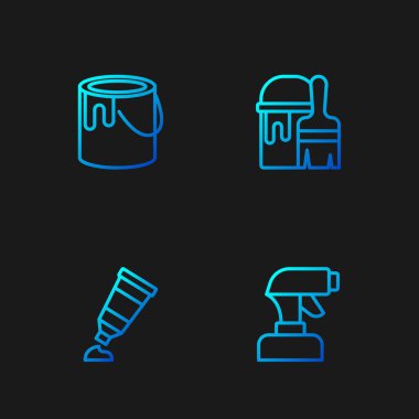 Çizgi boya sprey tabancası, boya paletli tüp, kova ve fırça. Renk simgeleri. Vektör