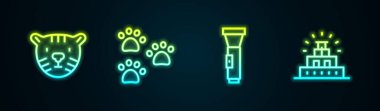 Tiger Head, Paw print, Flashlight ve Chichen Itza Mayan. Parlayan neon ikonu. Vektör