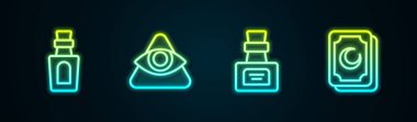 Şişe 'ye iksir, Tanrı' nın her şeyi gören gözü ve Tarot kartları koyun. Parlayan neon ikonu. Vektör