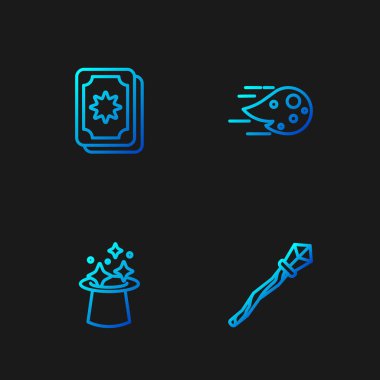 Sihirli değnek, şapka, Tarot kartları ve ateş topu. Renk simgeleri. Vektör