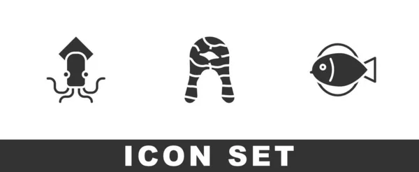 Set Octopus Fish Steak Icon Vector — Stock Vector