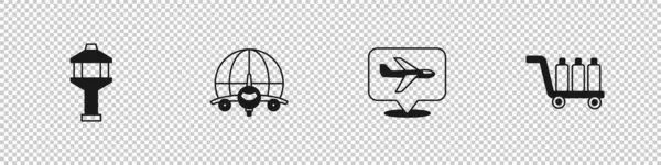 Set Airport Control Tower Globe Flying Plane Plane Trolley Baggage — Stock Vector