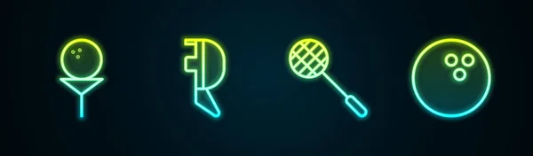 ティー フェンシングヘルメットマスク テニスラケット ボウリングにゴルフボールを設定します ネオンのアイコンを光る ベクトル — ストックベクタ