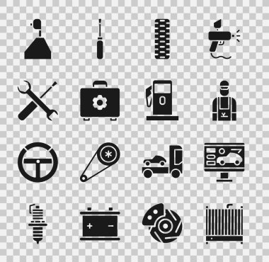 Araba radyatör soğutma sistemi, araba, tamirci, tekerlek, alet çantası, tornavida ve anahtar anahtarı, vites kolu ve benzin istasyonu simgesi tanısı. Vektör