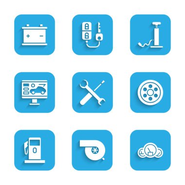 Tornavida ve ingiliz anahtarı, otomotiv turboşarjı, hız göstergesi, Alaşımlı tekerlek, Petrol ya da Benzin istasyonu, arabanın teşhis durumu, araba hava pompası ve akü ikonu. Vektör