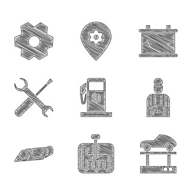 Benzin istasyonu, vites kolu, araba tamircisi, araba tamircisi, far, tornavida ve İngiliz anahtarı, pil ve ikon ayarlayın. Vektör