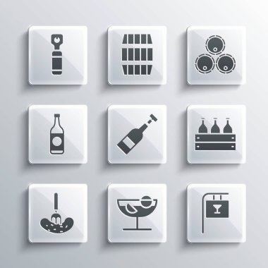 Kokteyl, Bar 'lı sokak tabelası, tahta kutuda şarap şişeleri, çatalda salatalık turşusu, bira, açacağı ve tahta fıçı ikonu. Vektör