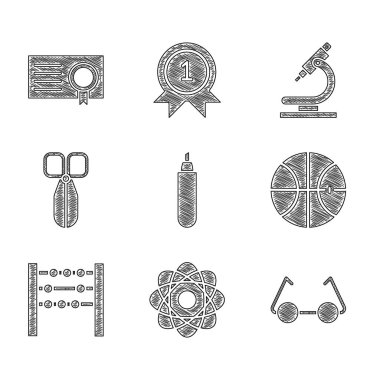 İşaretleyici kalem, Atom, Gözlük, Basketbol topu, Abaküs, Makas, Mikroskop ve Sertifika şablon ikonu. Vektör