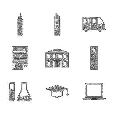 Okul binası, mezuniyet şapkası, dizüstü bilgisayar, cetvel, tüp ve matara, yanlış cevapları olan sınav kağıdı, otobüs ve kalem simgesi. Vektör
