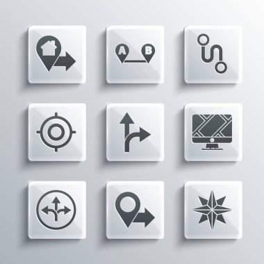 Konum belirle, Rüzgar yükseldi, konum işaretli monitör, trafik işareti, hedef spor, ev ve güzergah simgesi. Vektör