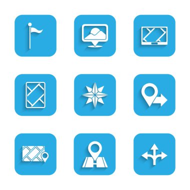 Rüzgar gülü, konum, trafik işareti, şehir haritası navigasyonu, GPS cihazı ve işaret simgesi ile ayarlayın. Vektör