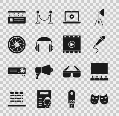 Komedi ve trajedi maskeleri, ekranlı sinema salonu, mikrofon, çevrimiçi oyun videosu, kulaklık, kamera deklanşörü, film alkışları ve video simgesi. Vektör