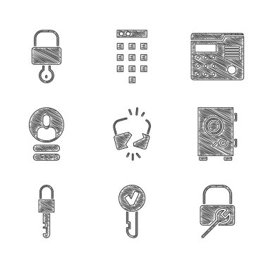 Kırık veya kırık kilit, Anahtar, Kilit onarımı, Güvenli, Kilitli anahtar, Hesap ekranı, Ev dahili iletişim sistemi ve simge oluştur. Vektör