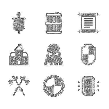 Cellat maskesi, yuvarlak ahşap kalkan, elmas, kalkan çapraz ortaçağ baltaları, kale, ferman, parşömen, parşömen, parşömen ve ortaçağ bayrak simgesi. Vektör