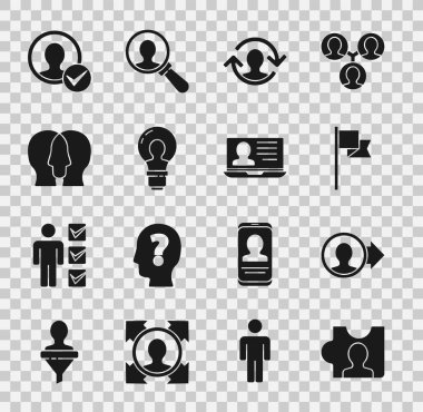 Kafa avcılığını ayarla, hesap ekranı oluştur, konum belirleyicisi, insan kaynakları, ampul, Proje ekibi tabanı ve dizüstü bilgisayar özgeçmişi ikonu ile. Vektör