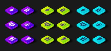 Takım elbiseli, kafası ampullü, konuşma baloncuklu, koruma rozetli ve ikonlu bir adam ayarla. Vektör