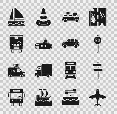 Uçak, trafik levhası, hız sınırı, teslimat kamyonu, denizaltı, otobüs, yat yelkenlisi ve Hatchback araba ikonu. Vektör
