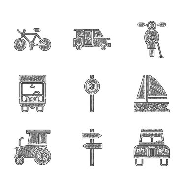 Hız limitini belirle, trafik levhası, araba, yat, yelkenli, traktör, teslimat kamyonu, Scooter ve bisiklet ikonu. Vektör