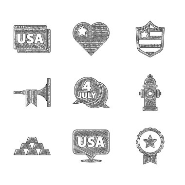 ABD Bağımsızlık Günü, Yıldız Madalyası, İtfaiye musluğu, Altın külçeler, Trompet, Kalkan yıldızları ve tarayıcı simgesiyle Madalya belirleyin. Vektör