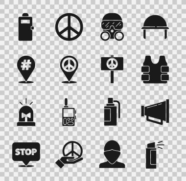 Biber gazı, megafon, kurşun geçirmez yelek, gaz maskesi, yer barışı, protesto, polis saldırı kalkanı ve barış simgesi. Vektör