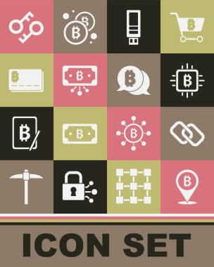 Bitcoin, Chain link, CPU madencilik çiftliği, USB flash disk, devresi, kredi kartı bitcoin, Kripto para birimi anahtarı ve simgesi ile ayarla. Vektör