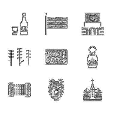 Rusya yapımı, Ayı kafası, Kral tacı, Rus bebek matruşka, akordiyon, buğday, Lenin anıtı ve cam ikonlu şişe votka. Vektör
