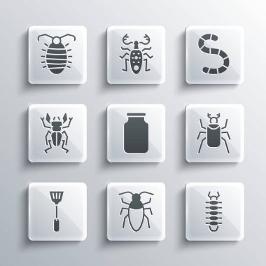 Hamamböceği, Çıyan Böceği, Böcek, Cam kavanoz, Sinek Ezici, Geyik, Larva Böceği ve Solucan ikonu. Vektör