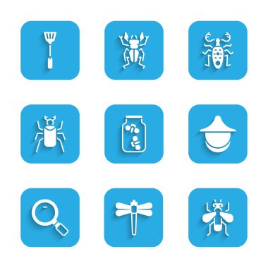 Ateşböceklerini kavanoza koy, yusufçuk, böcek, arıcı şapkası, büyüteç, böcek, geyik ve sineklik ikonu. Vektör