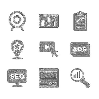 Reklamcılığı, Tarayıcı penceresini, büyüteç ve analizi, SEO optimizasyonunu, yıldız, Pano grafik çizelgesi ve hedef spor simgesini ayarlayın. Vektör