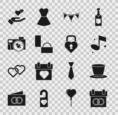 Takvim, silindir şapka, nota, bayraklı karnaval çelengi, elmas nişan yüzüğü, fotoğraf makinesi, Heart Hand ve Castle kalp ikonu şeklinde. Vektör