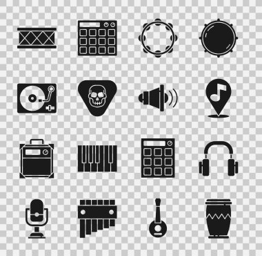Davul, Kulaklık, Konum notası, Tef, Gitar penası, Vinil çalar ve Hoparlör ses simgesi. Vektör