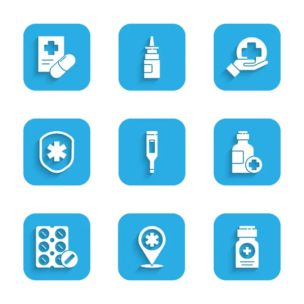 Set Digitales Medizinisches Thermometer Kartenzeiger Mit Krankenhauskreuzung Medikamentenflasche Flasche Medizinsirup — Stockvektor