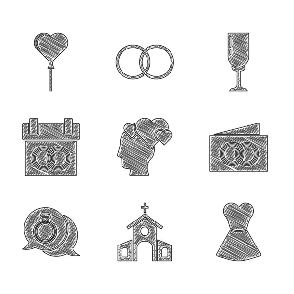 Set Tête Avec Coeur Bâtiment Église Robe Femme Carte Vœux — Image vectorielle