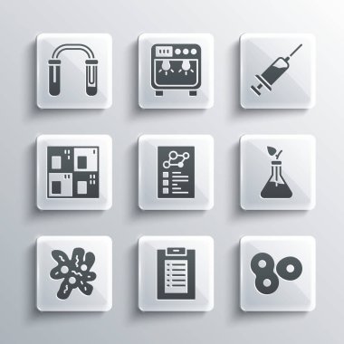 Klinik kayıtları, hücre bölünmesi, bitki yetiştirme, periyodik tablo, test tüpü, matara ve şırınga ikonu. Vektör