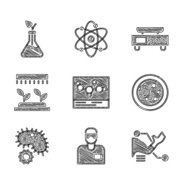 Kimyasal formülü ayarla, laboratuvar asistanı, protez el, bakteri, virüs, otomatik sulama fıskiyeleri, elektronik pullar ve bitki yetiştirme ikonu içeren petri kabı. Vektör