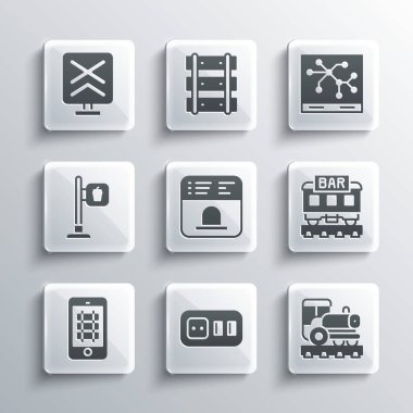 Elektrik prizi, vintage lokomotif, restoran treni, bilet almak için bilet ofisi, çevrimiçi, kafe ve restoran konumu, demiryolu kavşağı ve tren yolu haritası ikonu. Vektör